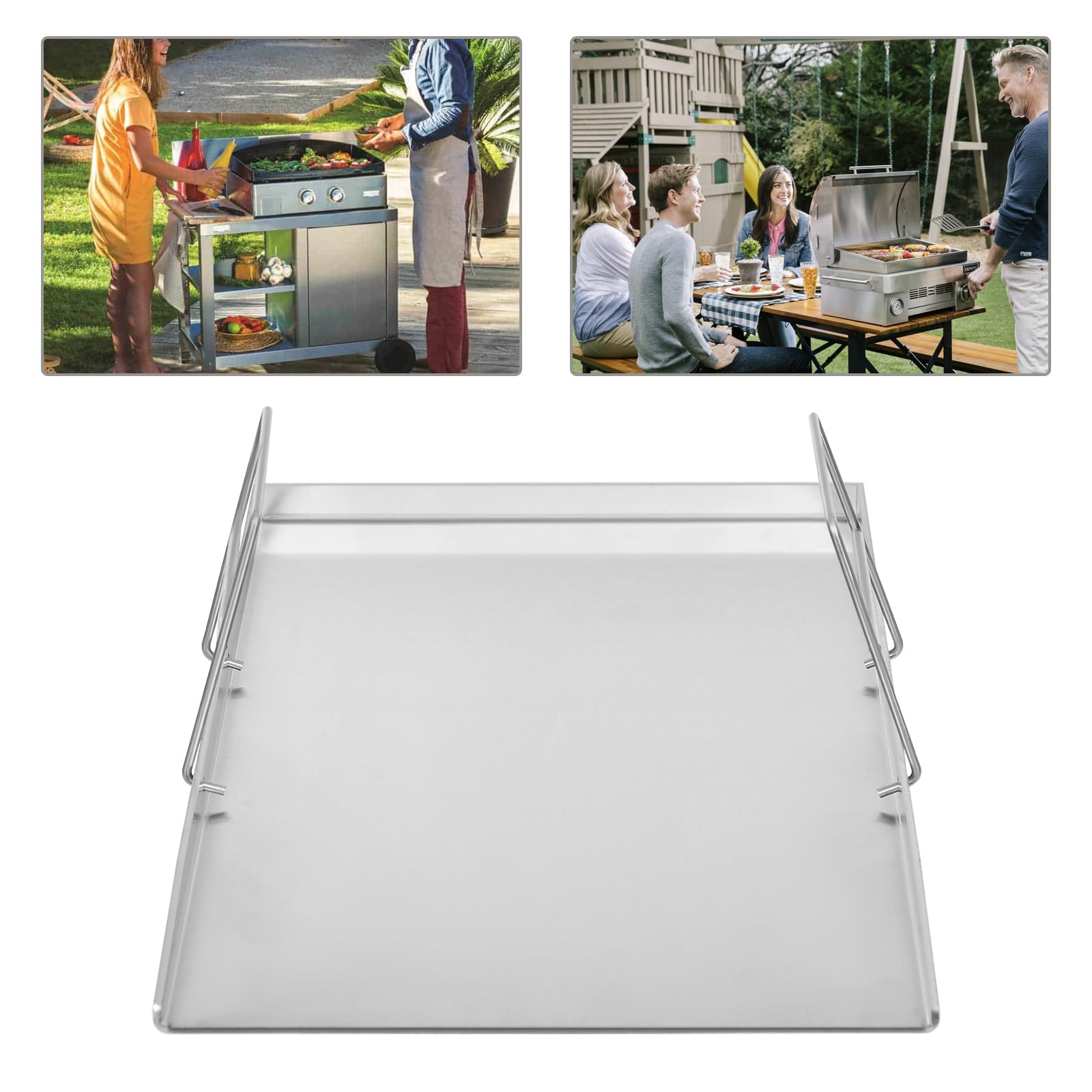 Plancha de acero inoxidable para barbacoa, camping, pícnic, con 2 asas, apta para lavavajillas, inoxidable, para carne, pescado y verduras (plata, 48 x 34 cm)