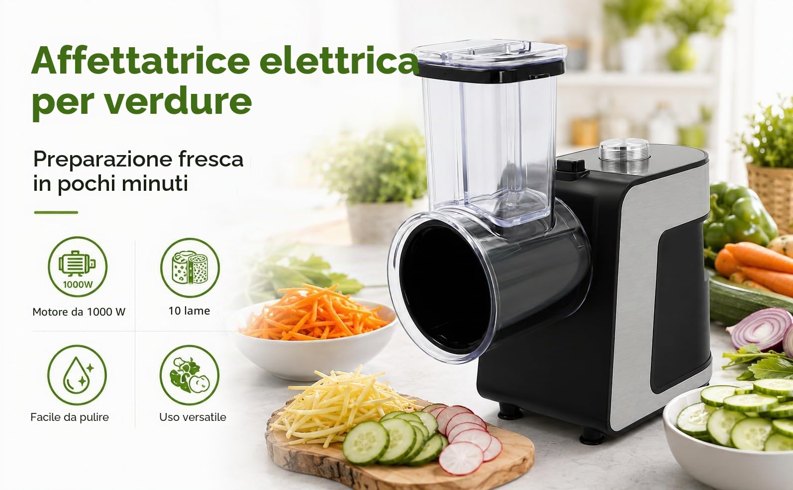 Grattugia elettrica per verdure, 1000 W, con 10 lame in acciaio inox, taglio vegetale elettrico per carote, formaggio, cetriolo, cipolle (nero)