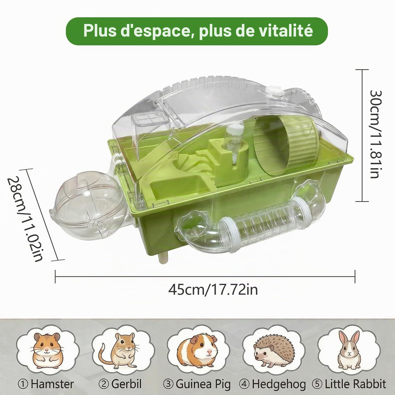 Cage pour hamster, cage pour petits animaux, enclos pour petits animaux avec couvercle transparent, petite cage pour souris avec roue d'exercice, tunnel, gamelle, baignoire et rampe