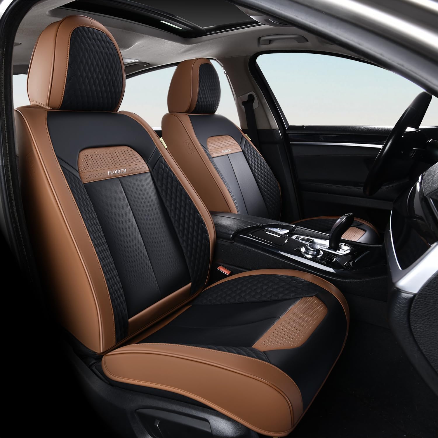 FLORICH Leather Car Seat Covers Full Set, Breathable Waterproof Nappa Leather Seat Covers, Gary Seat Covers, Automotive Interior Cover Universal for Cars SUV Truck Sedan - Coffee