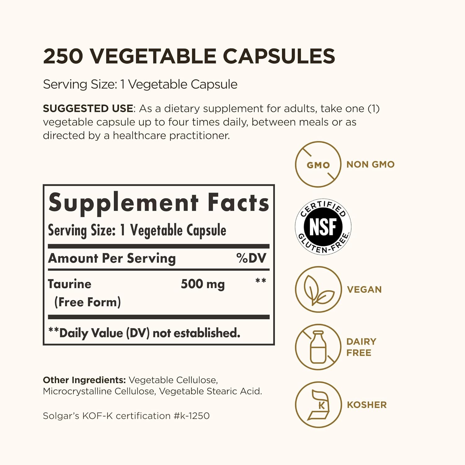 Solgar Taurine 500 mg, 250 Vegetable Capsules - Antioxidant - Brain Health - Amino Acid - Vegan, Gluten Free, Dairy Free, Kosher - 250 Servings