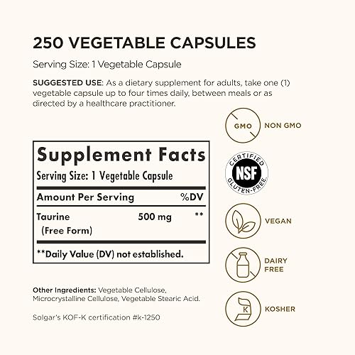 Miniatura 2 de Solgar Taurina 500 mg, 250 cápsulas vegetales - Antioxidante - Salud del cerebro y el corazón - Aminoácidos - Vegano, sin gluten, sin lácteos,