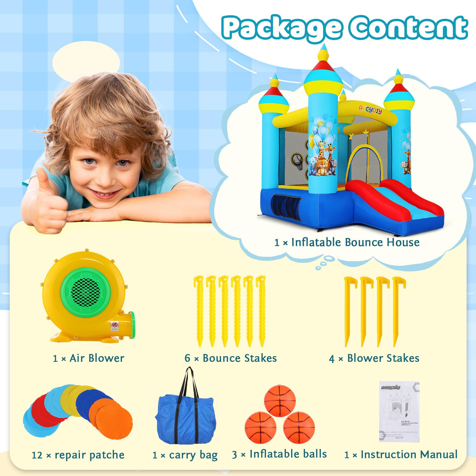Château Gonflable pour Enfants avec Toboggan, Souffleur, Parc Zoologique Bleu, Château Gonflable pour Enfants avec Souffleur Et Tir De Balles, Maison Gonflable Intérieure/Extérieure (Bleu)