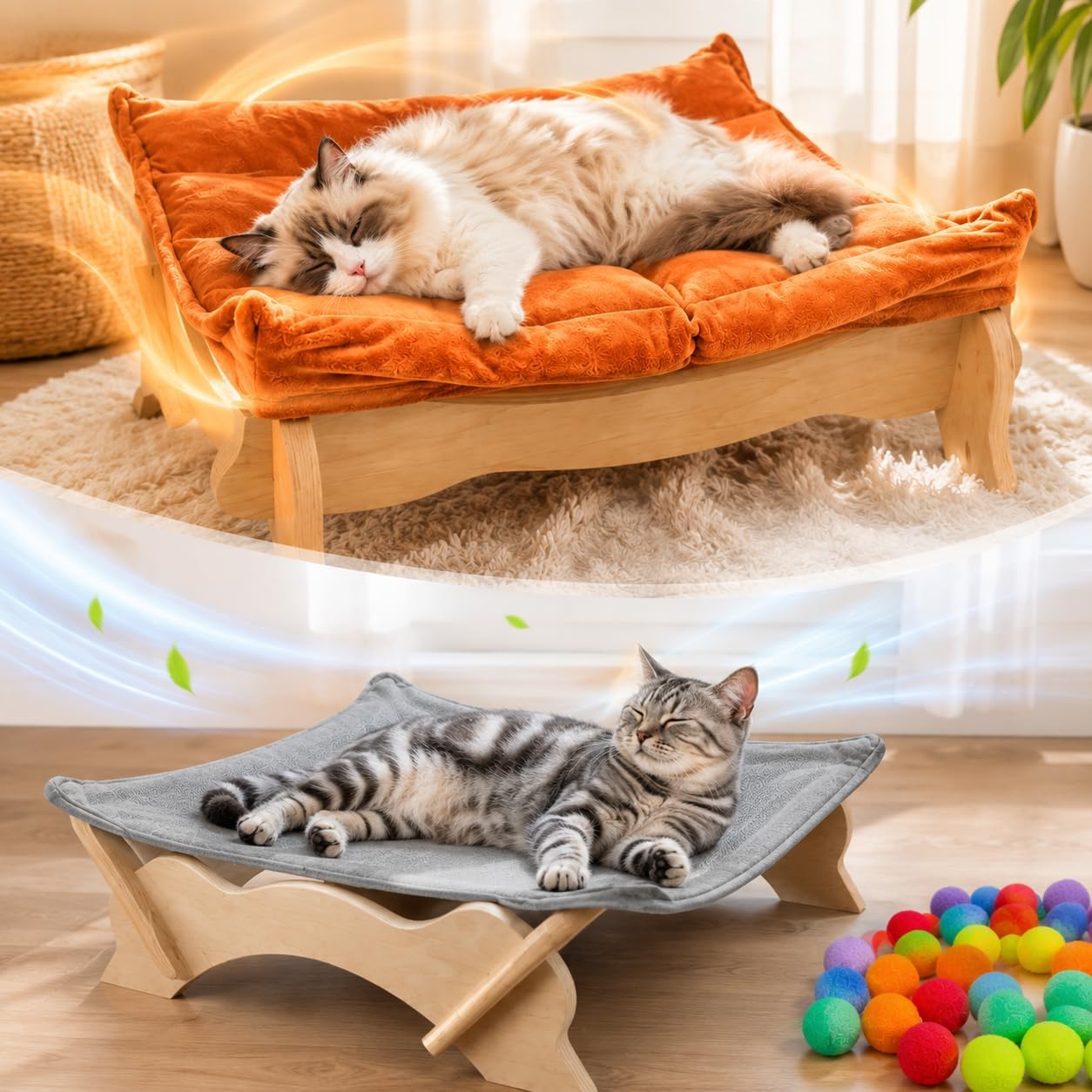 Elevated Cat Bed Wooden with Removable Washable Cushion | Solid Wood Raised Pet Lounge for Indoor Cats and Small Dogs, Cat Furniture for Living Room, Multi Pet Homes