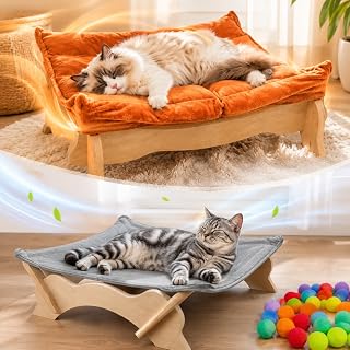 Elevated Cat Bed Wooden with Removable Washable Cushion