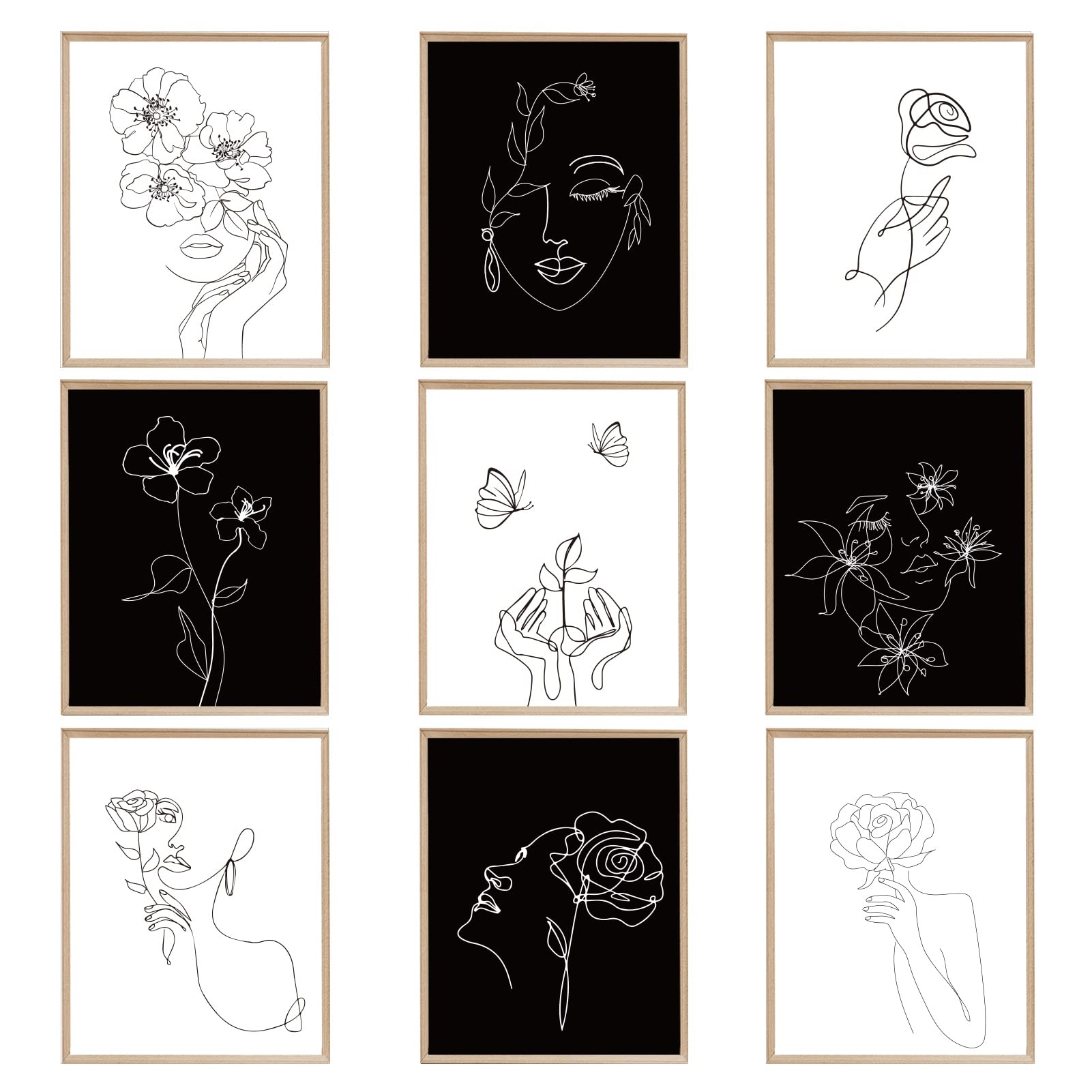 9 Pieces Minimalist Line Art Prints 8 x 10 Inch Abstract Aesthetic Poster Unframed Woman & Flower Feminine Modern Wall Decor, Waterproof Black White Female Face Theme Drawing for Home
