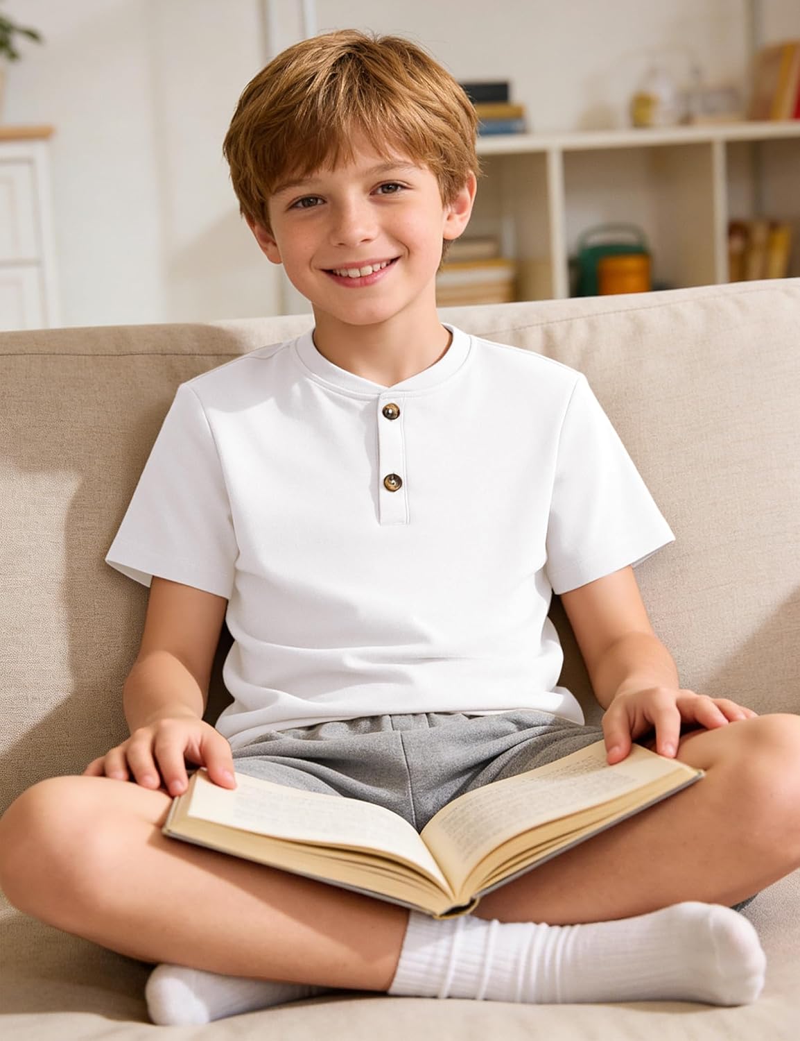 Auranso Boys Henley Shirts Short Sleeve Kids Cotton Button Front T-Shirts Summer Tops Tees