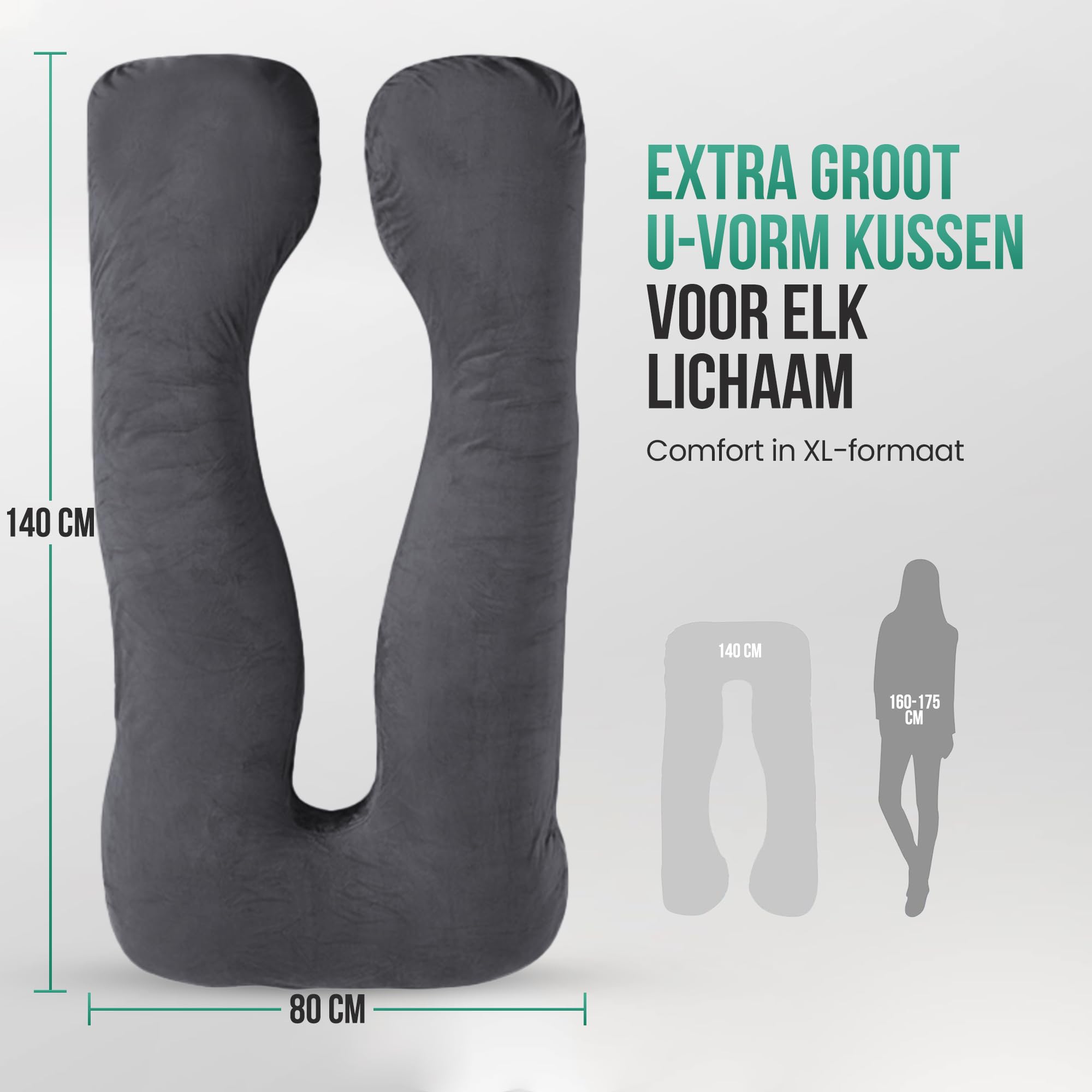 Avalo Cojín de Maternidad XXL 280 cm - Cojín lateral en forma de U - Cojín ergonómico para el cuerpo - Cojín de Nutrición y Almohada para el Cuerpo para Mujeres Embarazadas - Gris Oscuro