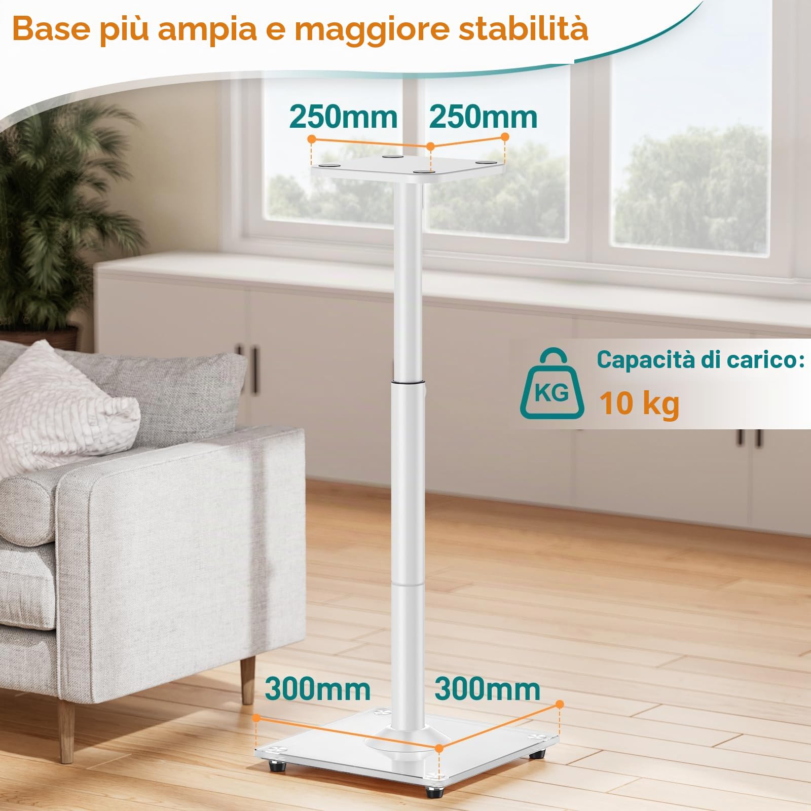 ELIVED Supporto universale per altoparlante regolabile in altezza fino a 95 cm, con base in vetro e canalina interna per altoparlante da scaffale, 10 kg, colore bianco