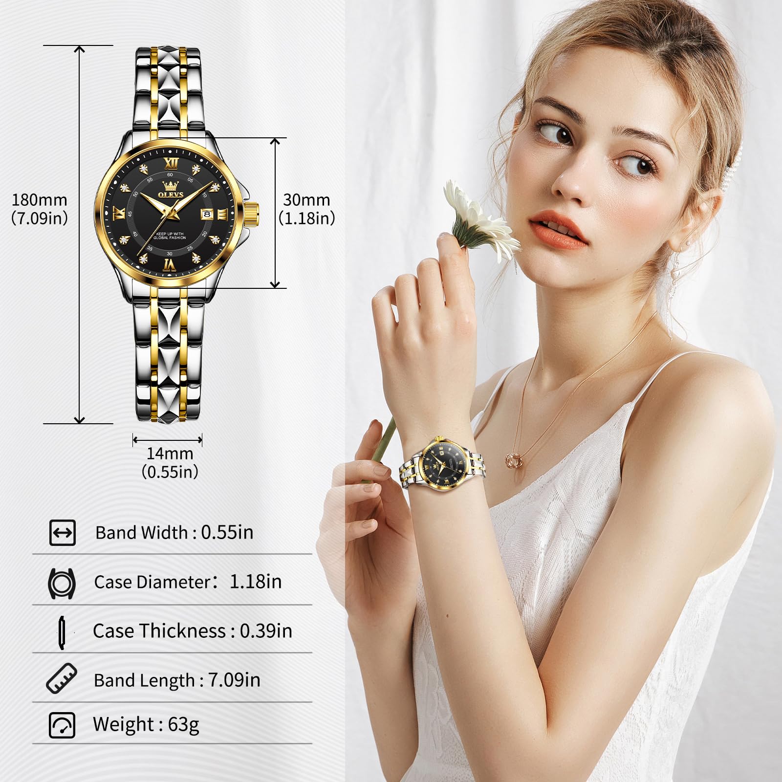 OLEVS Armbanduhr für Damen, zweifarbig, mit Datumskleid, Damenuhren für kleine Handgelenke, luxuriös, leicht ablesbar, wasserdicht, blau/schwarz/gold/silbernes Zifferblatt, Reloj para Mujer