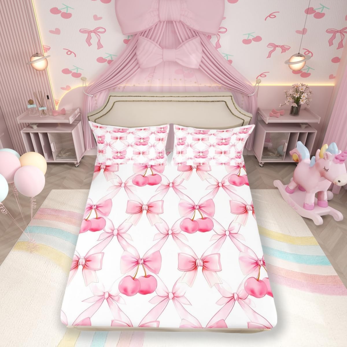 Drap-housse rose avec nœud de lit imprimé cerise pour décoration chambre de femmes