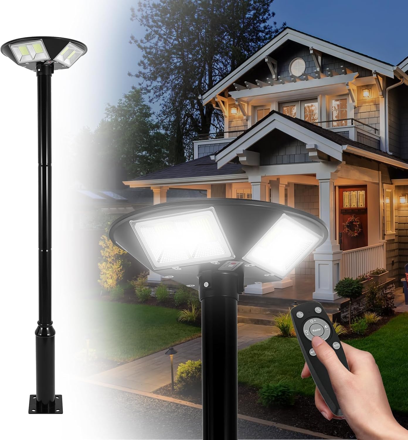 Solar Lamp Post Light, 100 Inch Heavy Duty Solar Pole Lights with Dusk to Dawn, Motion Sensor, Remote, Timer, Waterproof Solar Lights Outdoor for Patio, Yard, Garden, Pathway, Street