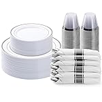 BESTVIP 175PCS Silver Plastic Dinnerware Set, Disposable Party Plates for 25 Guests, Include: 50 Plastic Plates, 25 Pre Rolled Napkins with Silver Silverware, 25 Cups for Christmas, Halloween