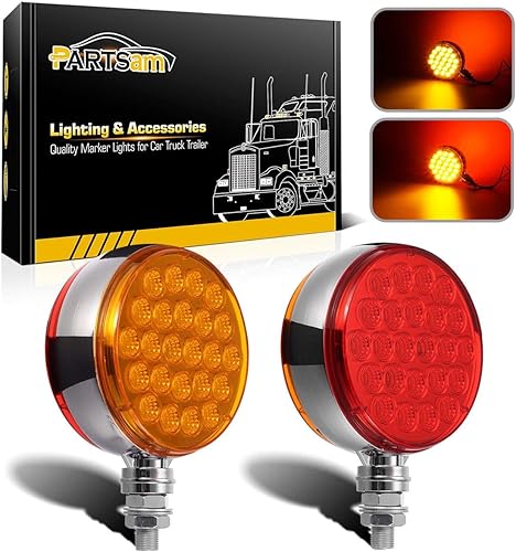 Partsam 2 luces reflectantes redondas de doble cara de 4 pulgadas con montaje en perno prisionero rojo perla/ámbar, 48 luces LED reflectantes con