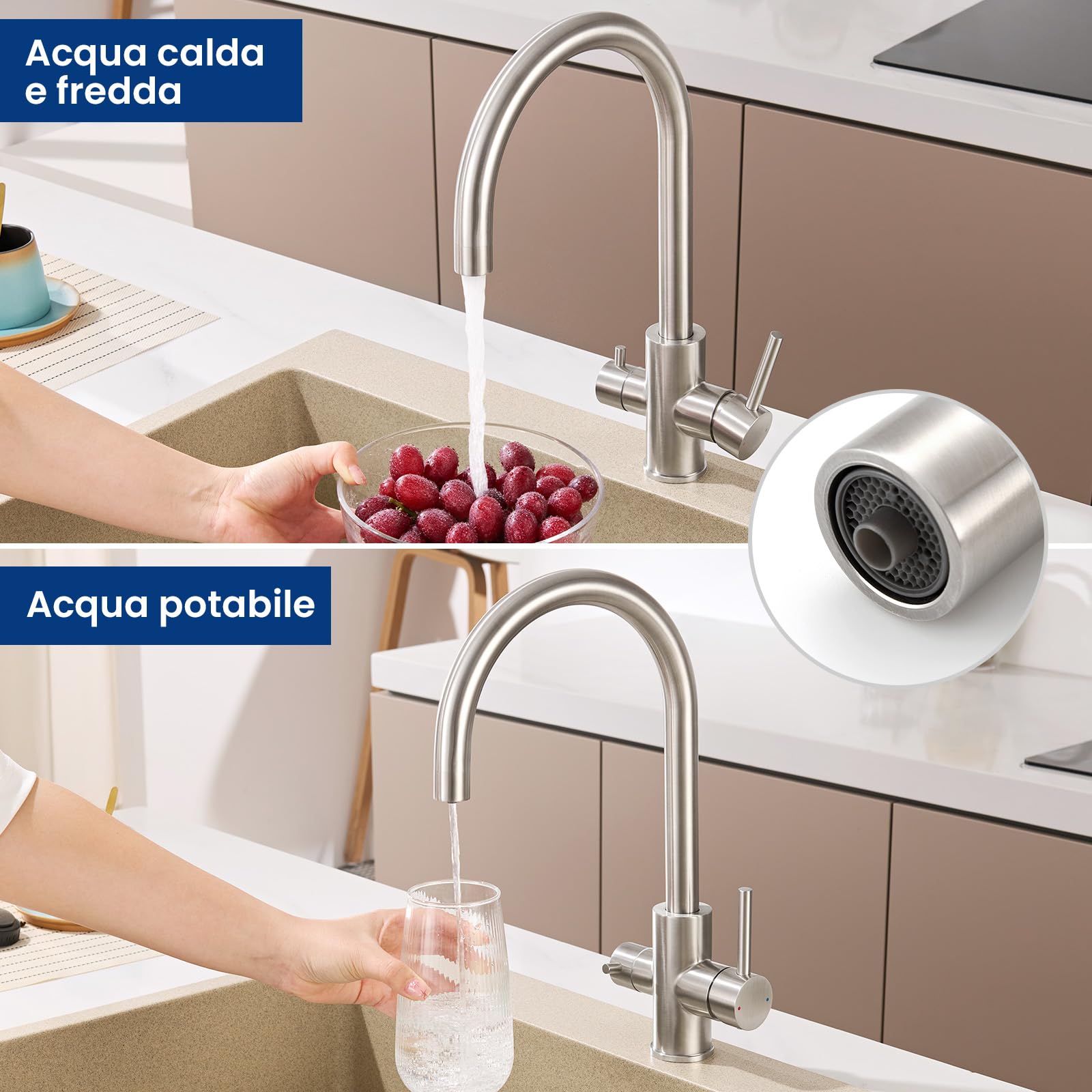 CECIPA Grifo Cocina 3 Vías Acero Inoxidable Purificador Agua Filtrada | Grifo cocina 3 vías acero inoxidable 304 con agua filtrada, válvula cerámica, aerador ABS, rotación 360, ahorro de agua