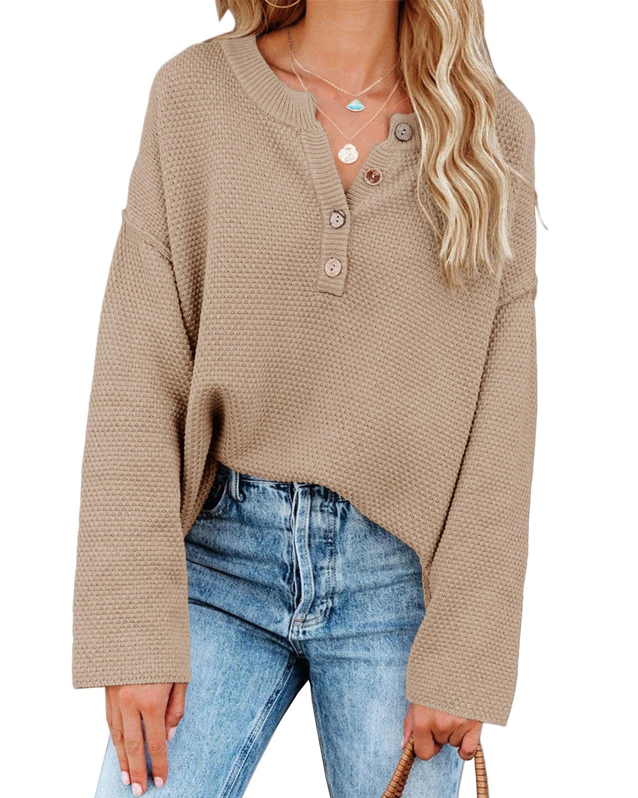 Saodimallsu Women's Oversized Sweaters Batwing Long Sleeve Loose V Neck Button Henley Tops Pullover Knit Jumper