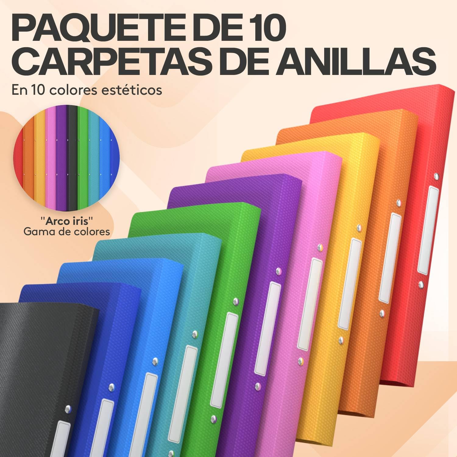 ACROPAQ - 10 x Carpeta Anillas A4 - Con 2 anillas, Con etiquetas en lomo, Lomo de 2,5 cm, Arco iris, Colección Color "Naturaleza" - Carpetas plastico A4, Carpetas Archivadoras, Archivador 2 Anillas