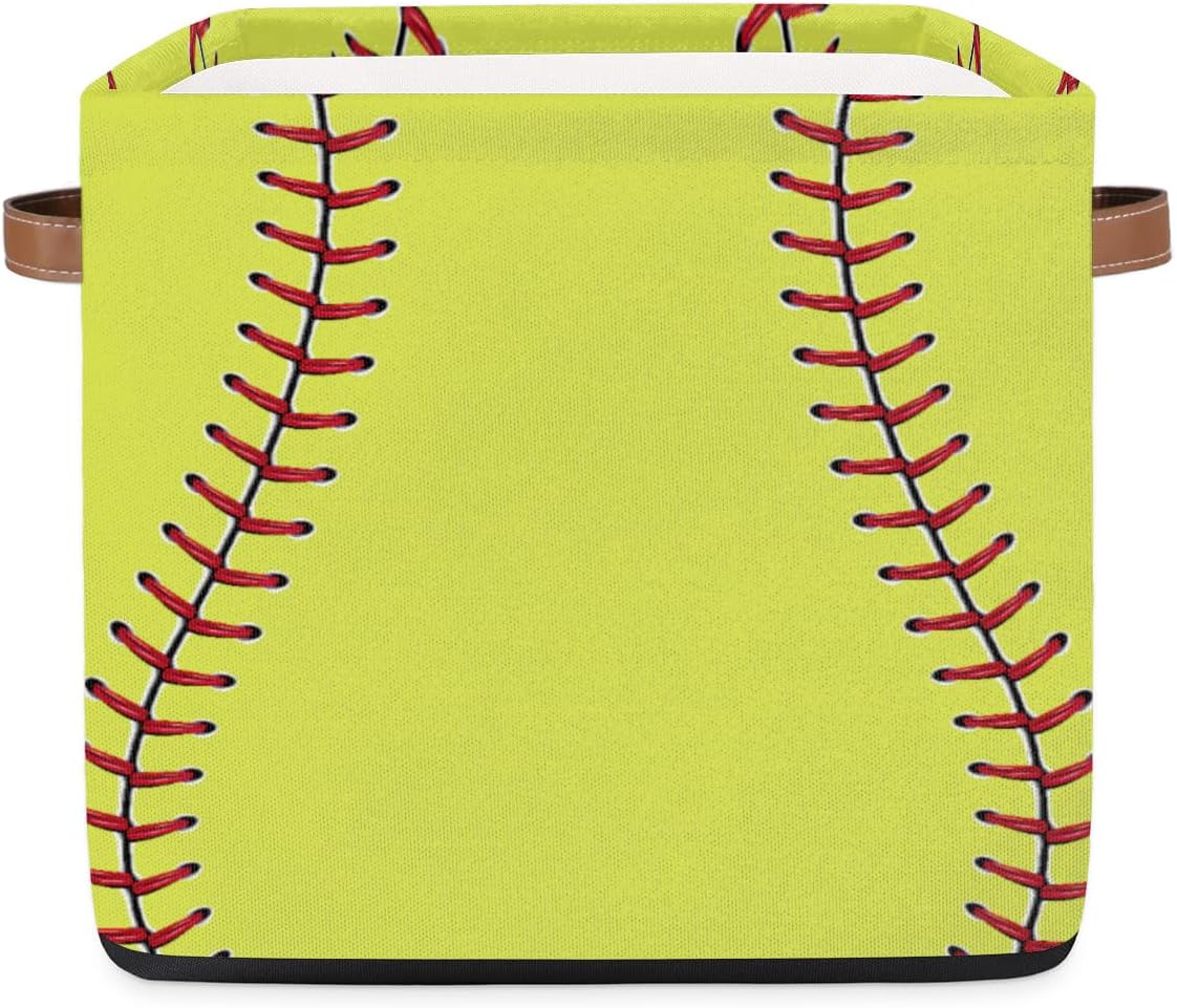 Ball Baseball Storage Basket 13x13 Sport Theme Collapsible Cube Storage Bin with Handle Fabric Storage Box Organizing for Closet Shelf Home Office Dorm Nursery Toy Basket