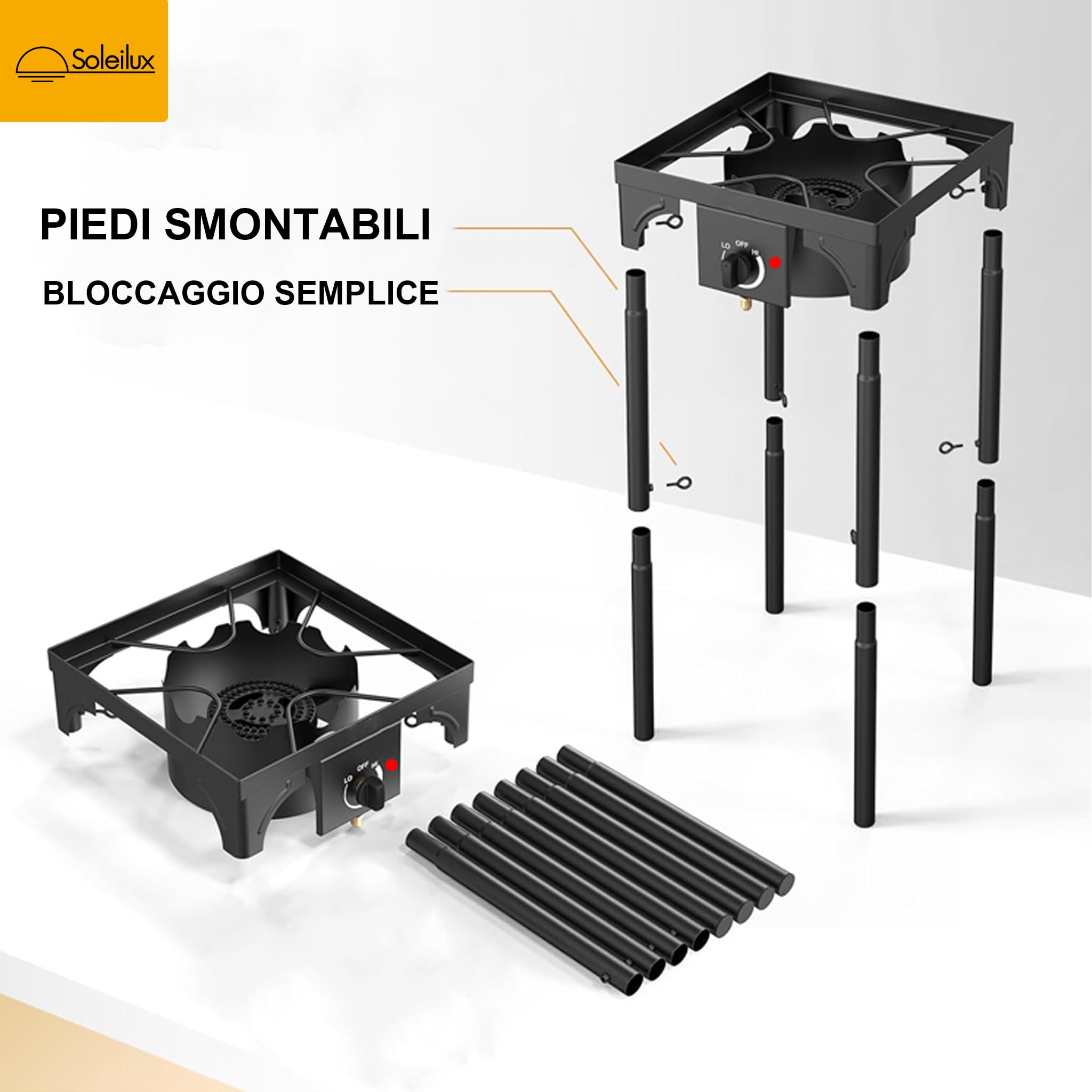 Fornellone Fornello a Gas da Campeggio e da Esterno 40x40cm 3 IN 1 Rialzato Gpl con Accensione Piezo H 81cm - NERO