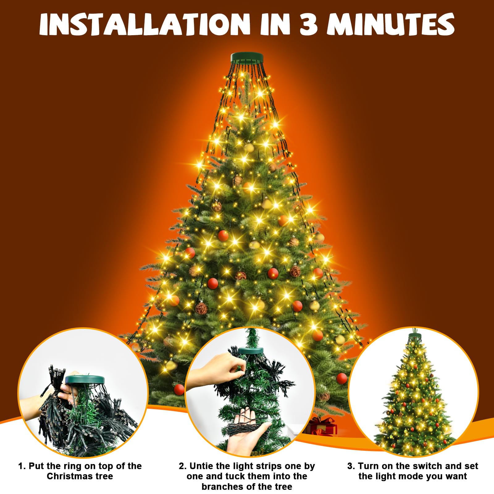 Christmas Tree Lights, 400 LEDs Christmas Lights Indoor Outdoor Ring Lights For Xmas Tree Decorations, 1.75m Height 16 String Lights With 8 Lighting Modes Christmas Decor (Color