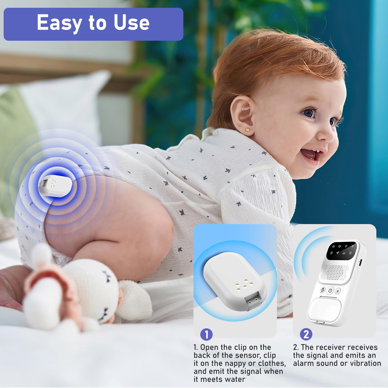 Alarma Inalámbrica para Mojar la Cama Niños, Alarma Inalámbrica para Mojar la Cama con Luz Nocturna/Ruido Blanco, Alarma de Orina para Niños Recargable por USB, 3 Modos de Funcionamiento