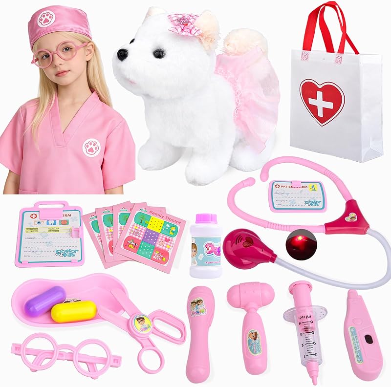 Kit médico para mascotas para niños pequeños, 21 piezas, juego de médico para niños con perro de peluche, juguetes médicos, estetoscopio, disfraz, bolsa de transporte, regalos de cumpleaños de Navidad para niñas de 3, 4, 5, 6, 7 y 8 años
