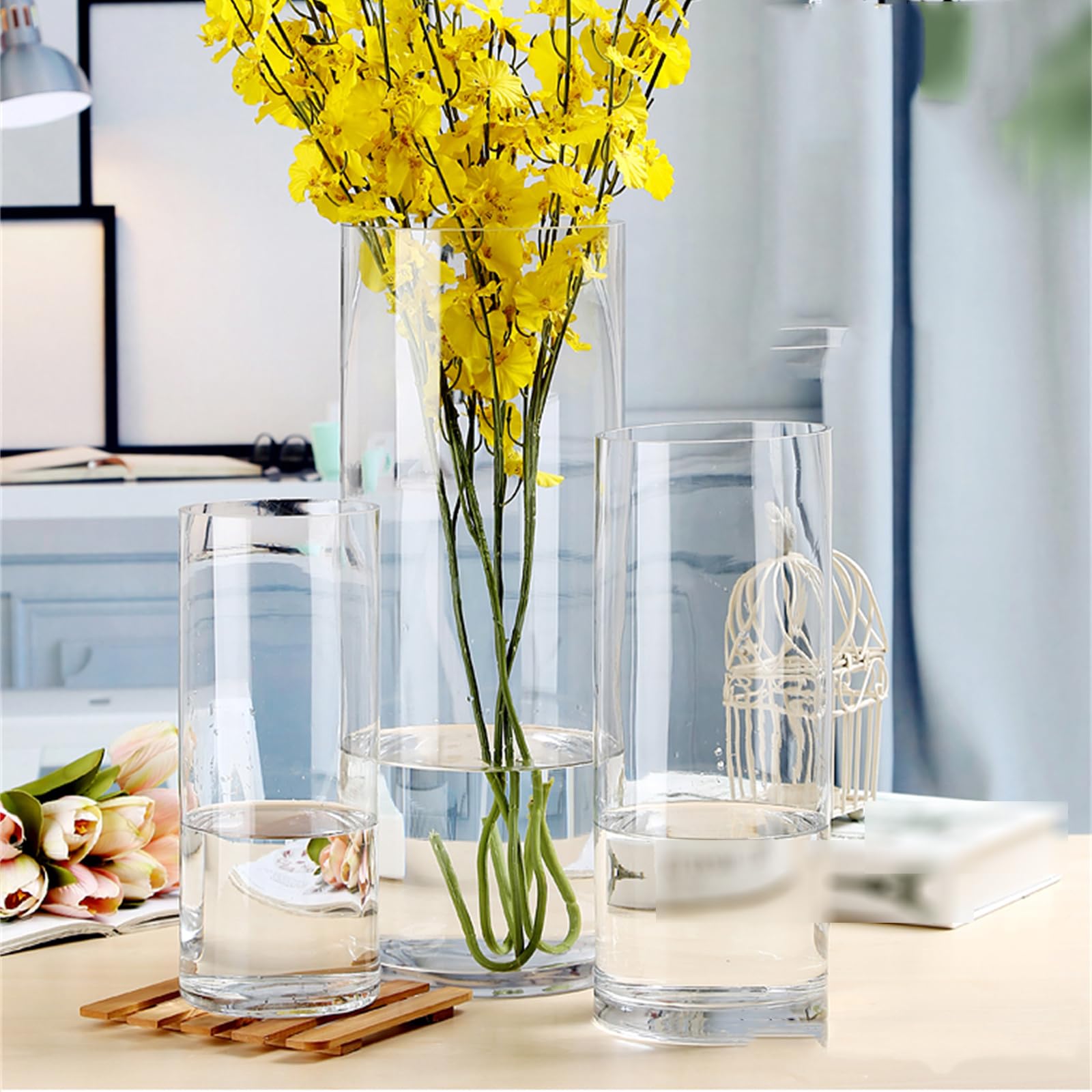 Amazon｜高さ40cmの円筒形の花瓶、家の装飾用の透明なガラスの花瓶、水