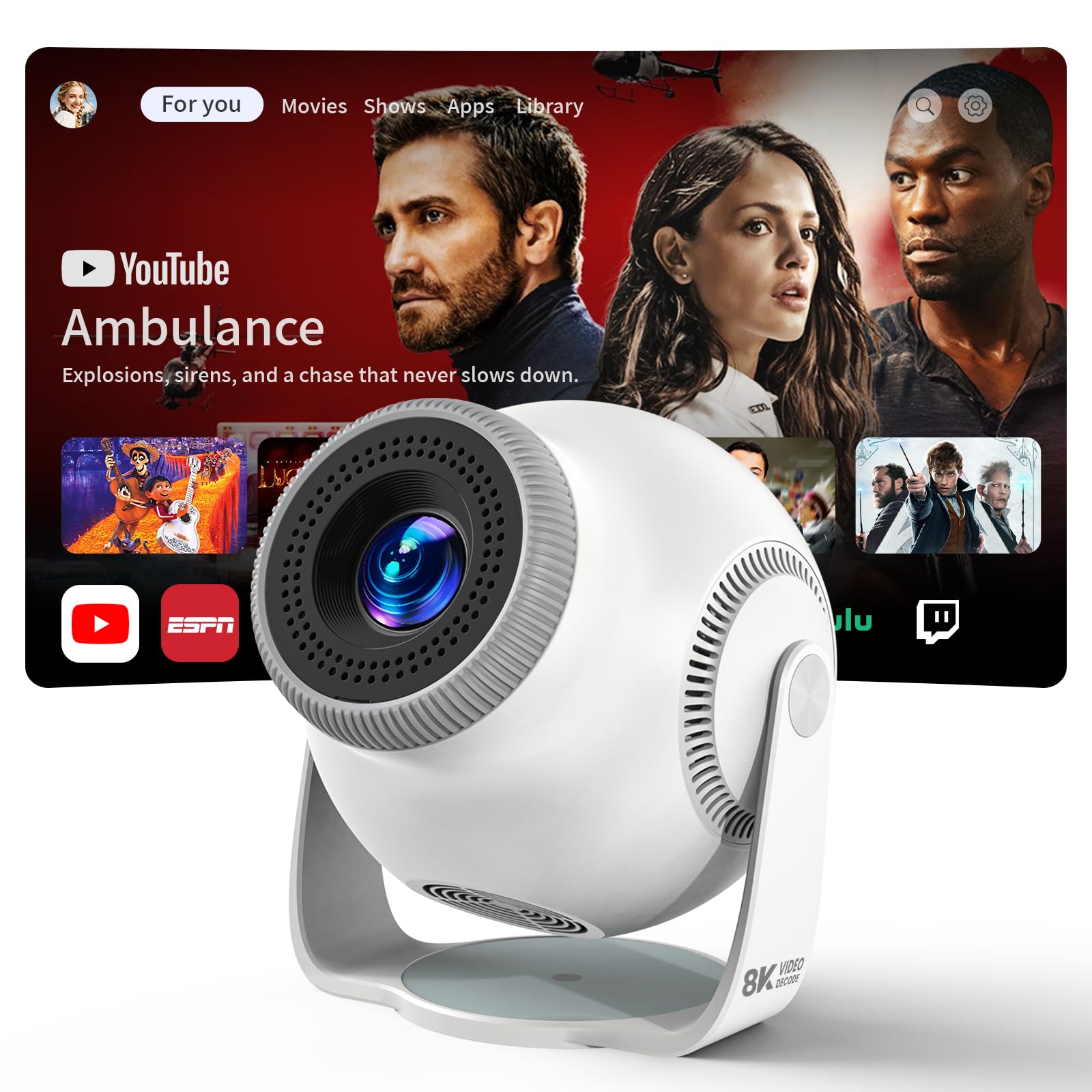 Mini Projecteur Android 14 avec WiFi 6, 480 ANSI, 720P natif