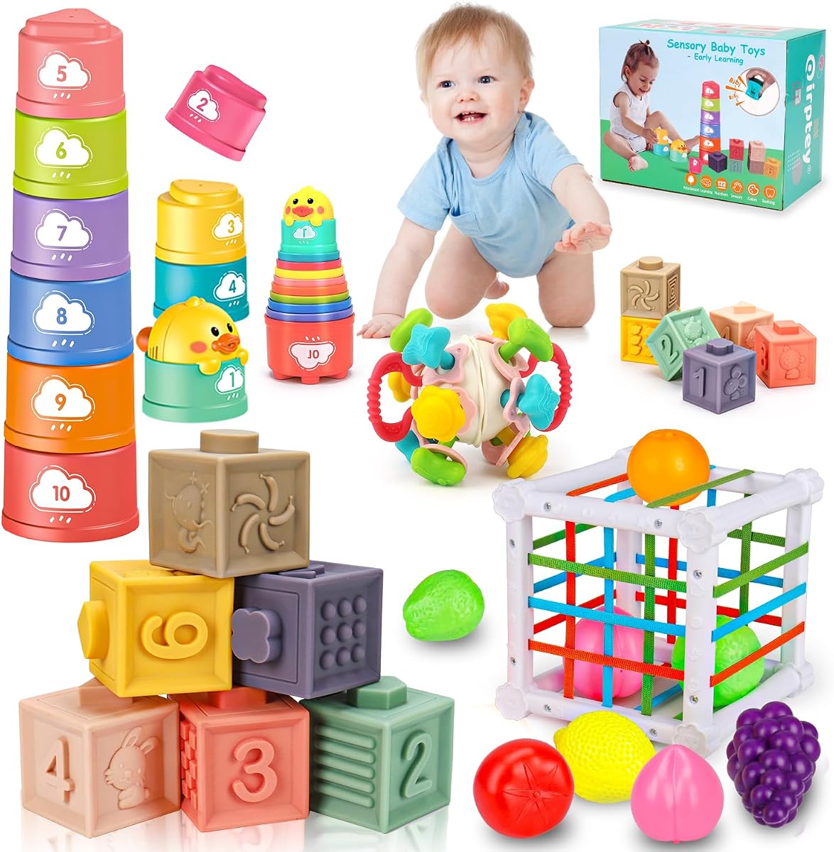 Montessori Baby Toy,Stacking Cups Blocks Sensory Bin Teething Toys | Newborn Essentials Must Haves, Early Sensory Developmental, Toddlers Shape Color Learning, First Shower & Birthday Gifts