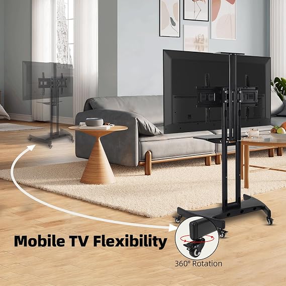 Rolling TV Stand, Portable TV Stand on Wheels, Heavy Duty Mobile TV Cart | 132 LBS Weight Capacity, Perfect for Living Room, Bedroom, Office, Indoor