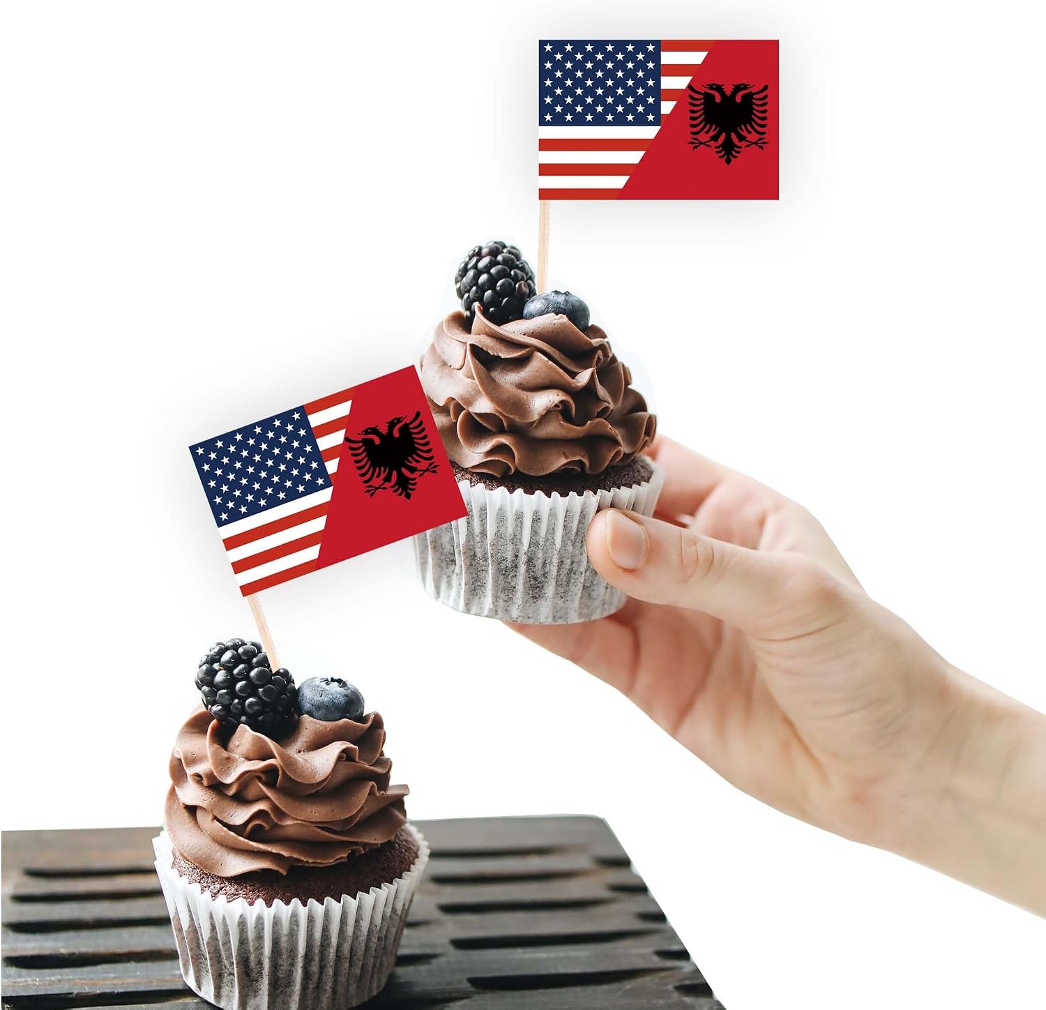100PCS Albania America Friendship Flag Cake Topper,Albanian America Cupcake Stand For Party Decoration Supplies