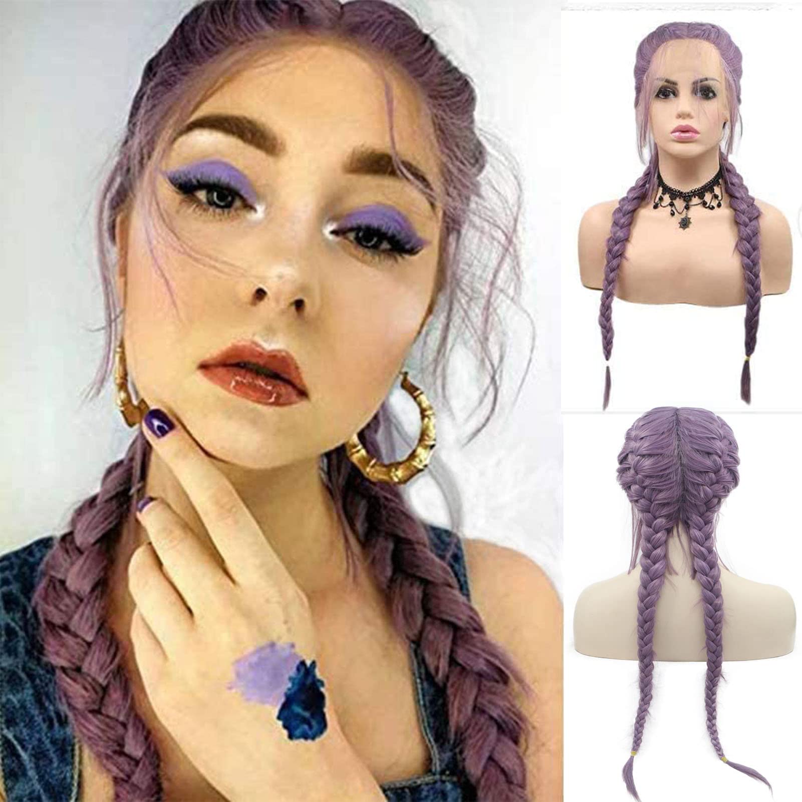 Purple Double Braid Wig Long Micro Twist Braided Wigs for Women Realistic Lace Front Glueless French Pre Braid Lace Wig with Baby Hair Synthetic Heat Resistant Hair Cosplay Daily Drag 22Inch