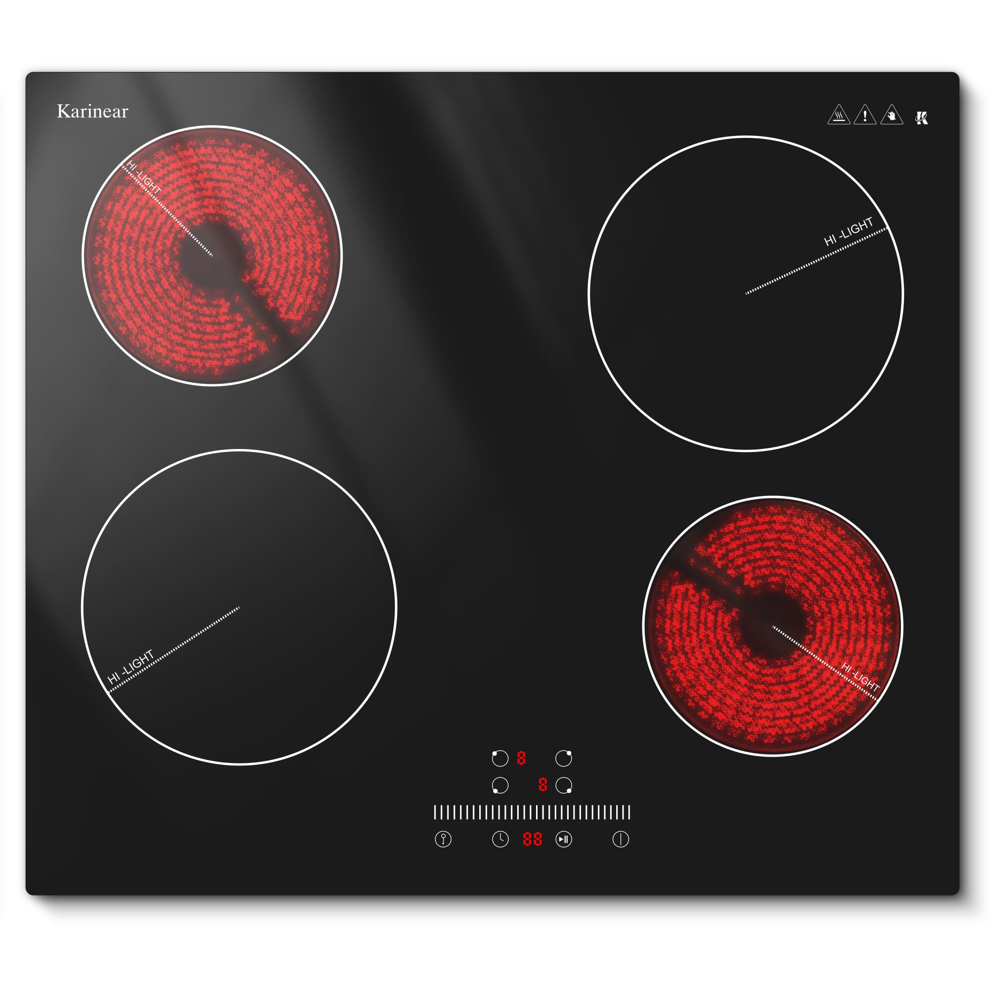 Karinear Piano Cottura Elettrico 4 Fuochi, 60cm Piano Cottura Vetroceramica da Incasso, 6000W Piastra con Blocco di Sicurezza per Bambini, Controllo del Timer, Pausa, Controllo a Scorrimento