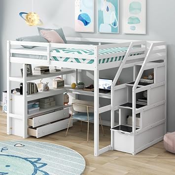 Loft Bed with Built-in Desk, Storage Shelves, Staircase Drawers, Solid Pine Wood Frame, Space-Saving Multifunctional Design, Slatted Support, No Box Spring Needed White,Full