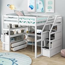 Loft Bed with Built-in Desk, Storage Shelves, Staircase Drawers, Solid Pine Wood Frame, Space-Saving Multifunctional Design, Slatted Support, No Box Spring Needed White,Full