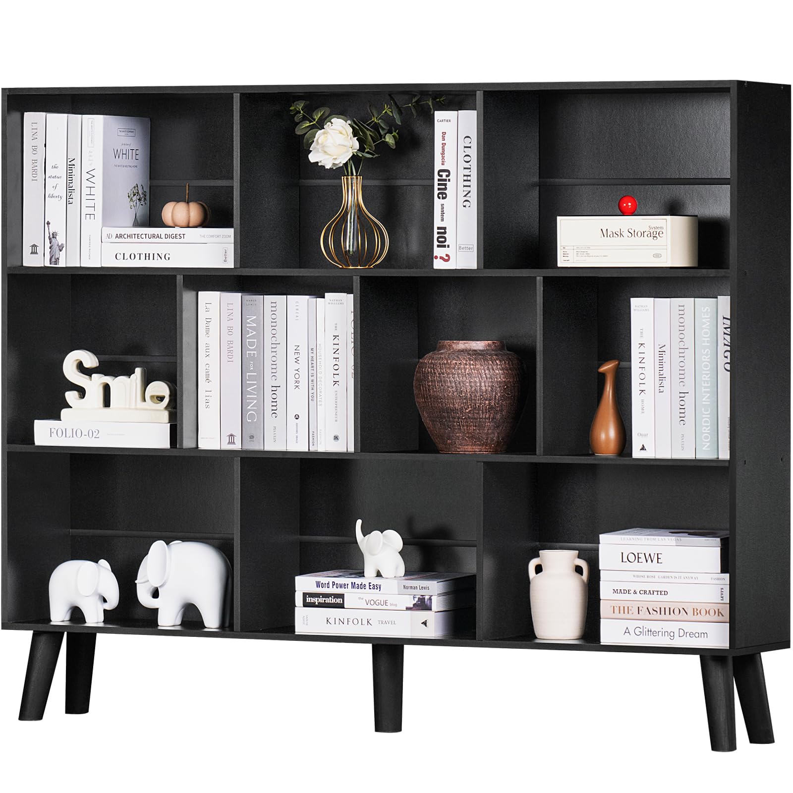 YAHARBO 10 Cube Large Bookshelf,3 Tier Bookcase with Legs,Black Mid-Century Modern Bookshelves,Wide Free Standing Open Storage Organizer Shelf,Tall Wooden Book Case Furniture for Living Room,Office