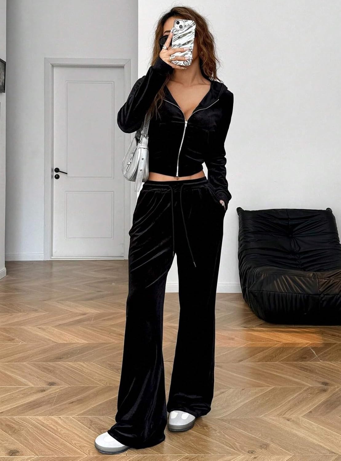 Rhinestone Decorated Hooded Zip-Up Top And Pocket Pants Women Casual Sport Suit, Available in Black, Green, Brown, Pink Color