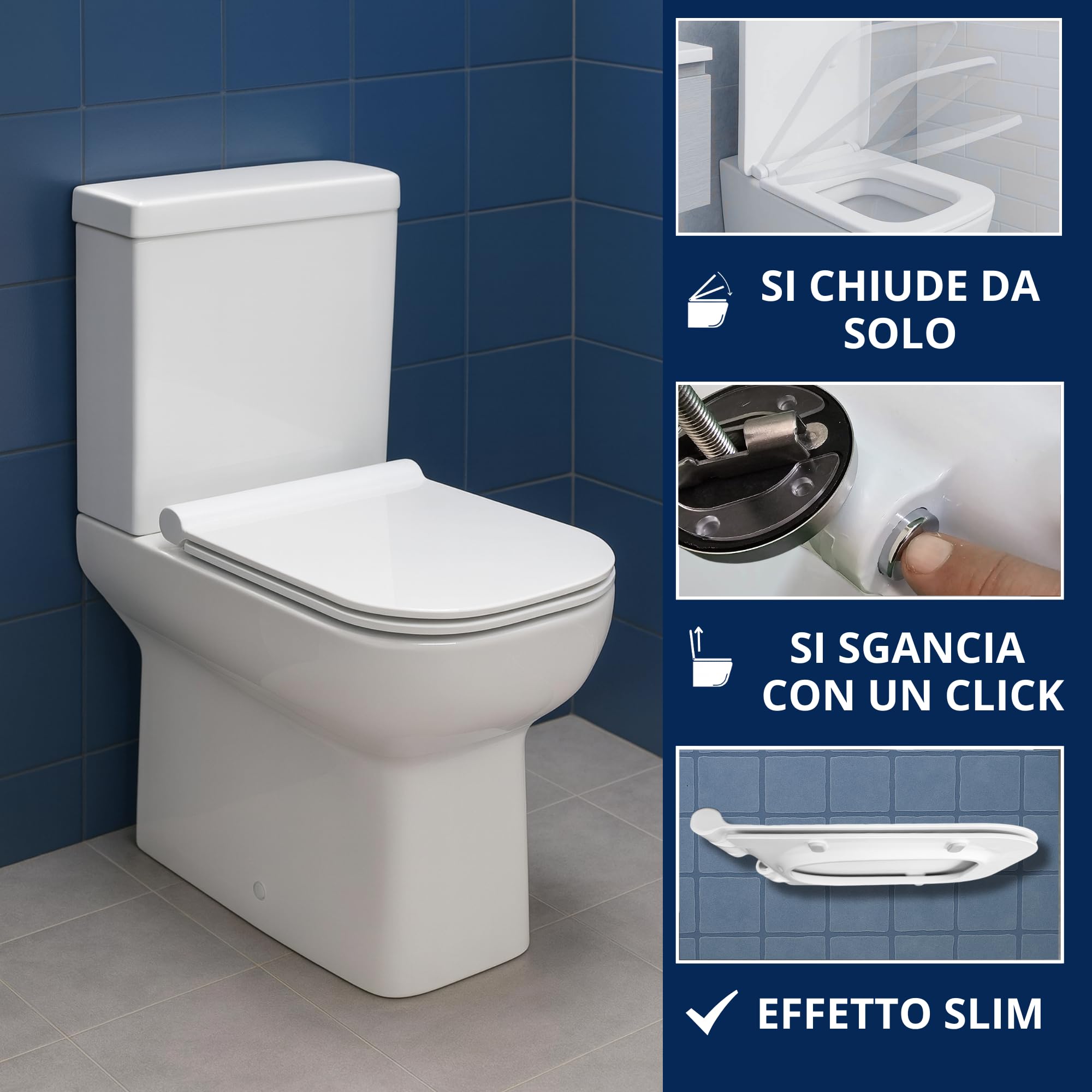 HYDRO HOME Copriwater Forma Rettangolare Super Sottile Slim Chiusura Ammortizzata e Sgancio Rapido Compatibile con vari modelli, Plastica Termoindurente Cerniere Regolabili fissaggio dall'alto Bianco