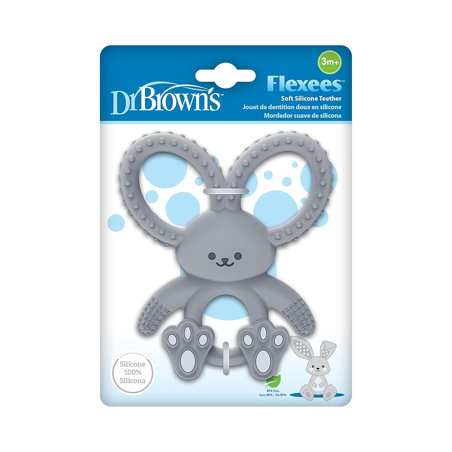 Dr. Brown's Flexees Bunny Teether for Infant & Baby, Gray, 100% Silicone, BPA Free, 3m+ : Baby
