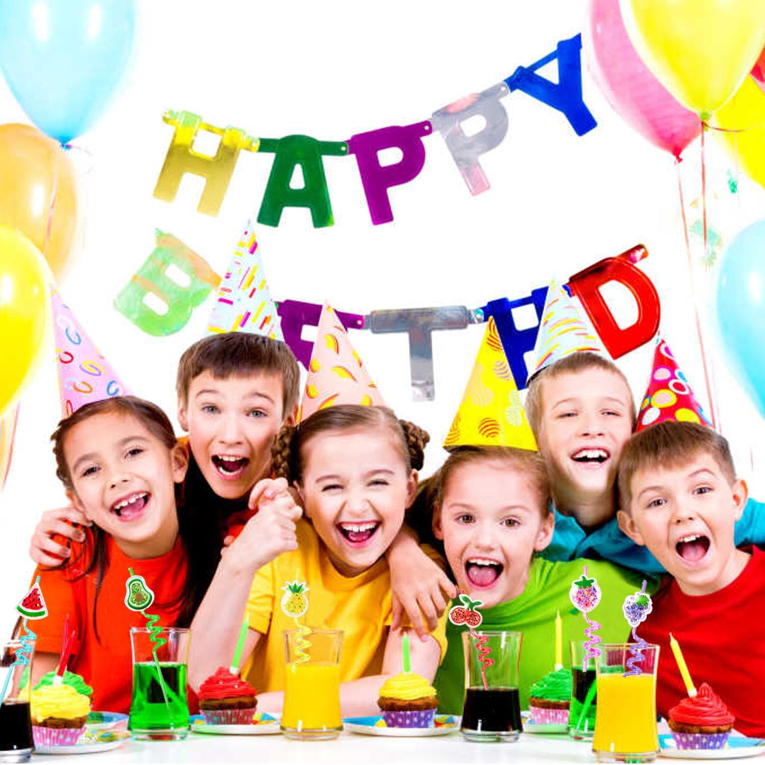 24 Glitter Fruit Straws Party Favors Birthday Supplies Peach Grape Pineapple Cherry Watermelon Avocado Reusable Straws Goodie Gift for Boy Girls Frutti Tropical Party Decoration+2Cleaning Brushes - Image 7