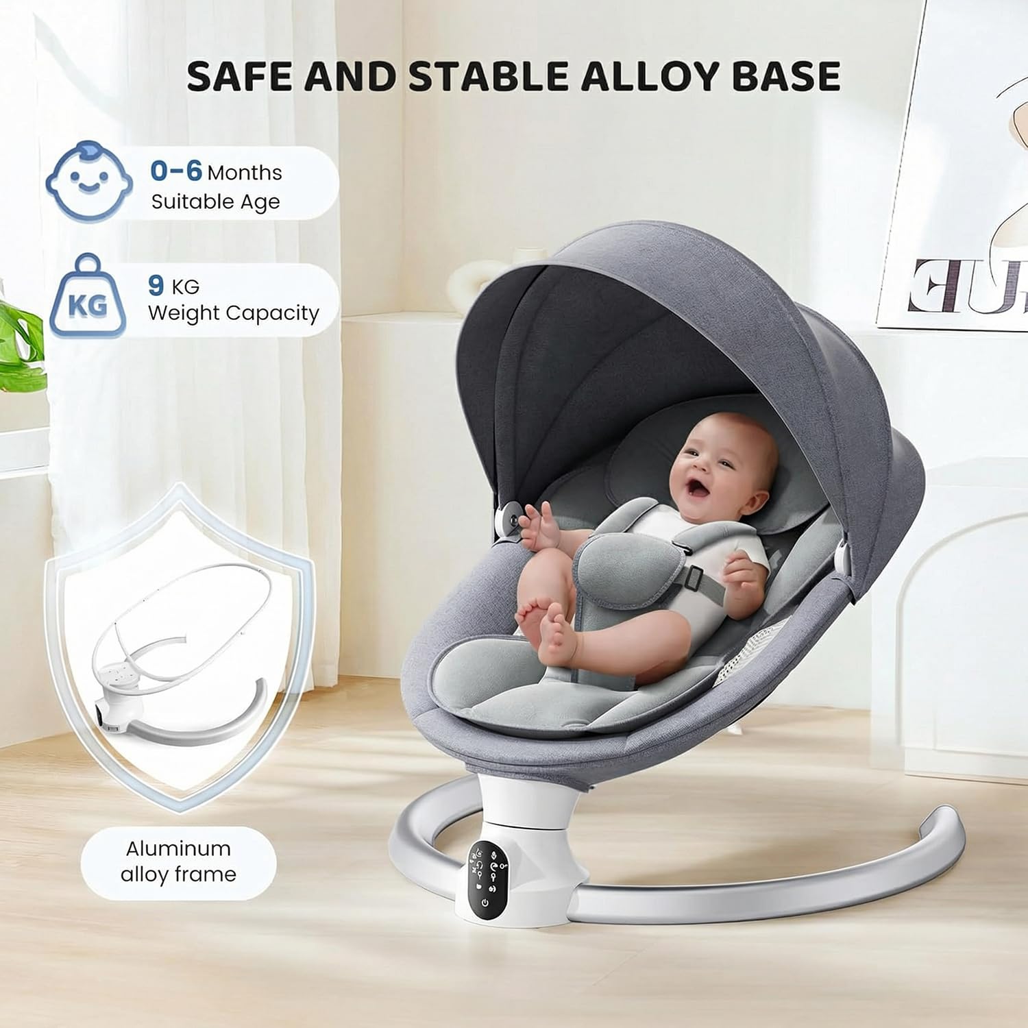 Operazione APP Sdraietta Neonati, Imbracatura a 5-Punti Migliorata Altalena Neonato Elettrica con 3 Timer, 5 Velocità di Altalena, Sdraietta Neonati Bluetooth Imbottita Morbida 0-9kg (Grigio)