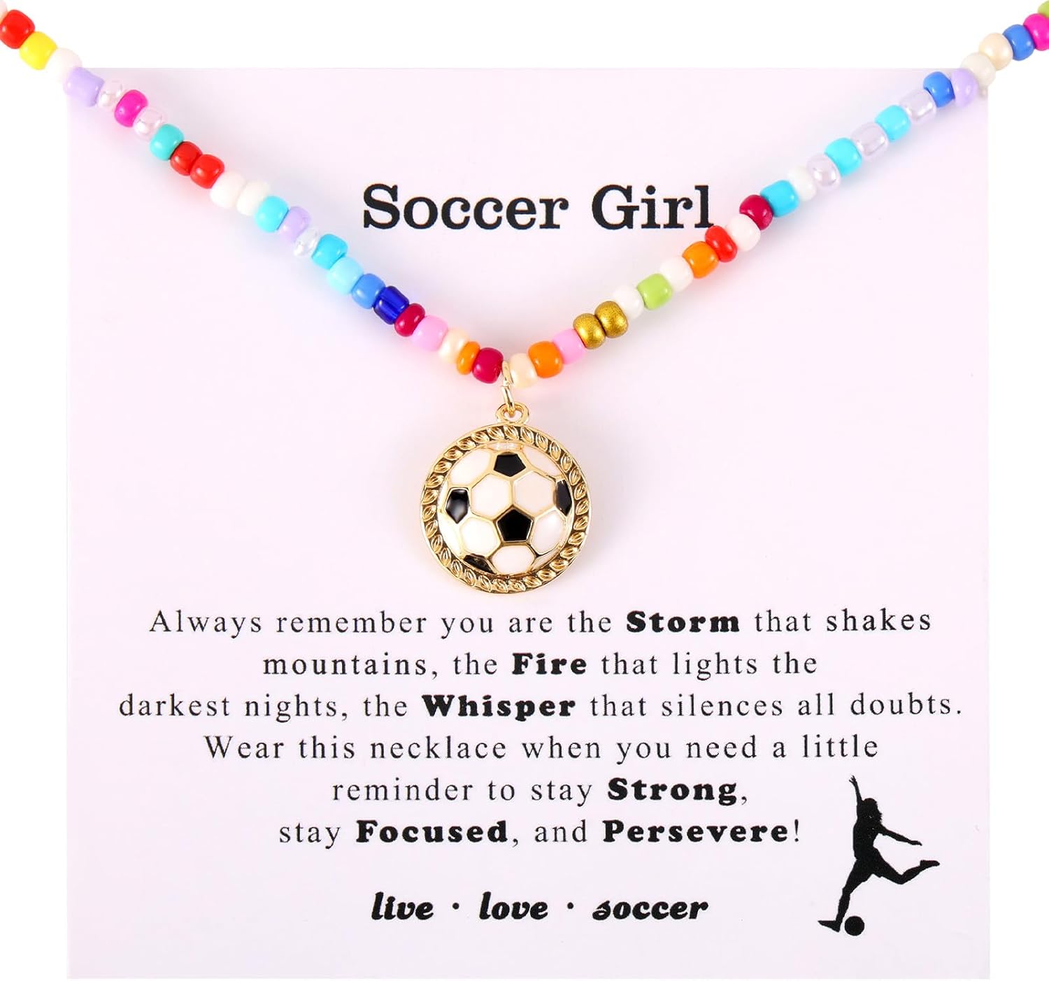 Soccer Beaded Necklace for Women, 44.32cm/17.45 Inch+2 Inch/5.08cm Adjustable Sport Themed Colorful Necklace Soccer Team Pendant Jewelry for Players Fans Gifts