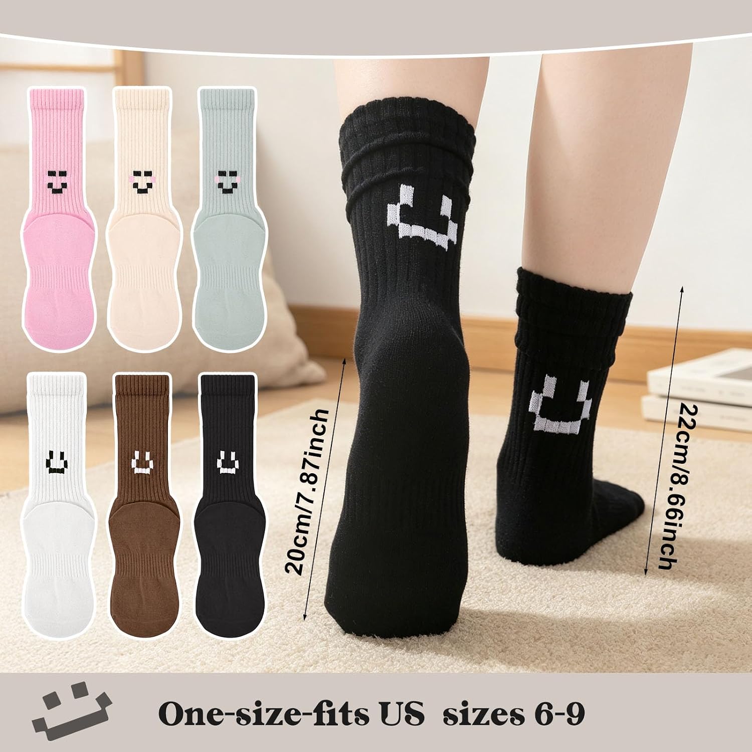 6 Pairs Women’s Slouch Crew Socks Ribbed Scrunch Sock | Cute Smile Face, Cotton Breathable Cozy, Chunky Stacked Athletic Tube Stockings, Fashion Retro, for Boot Sneakers, Size 6-9