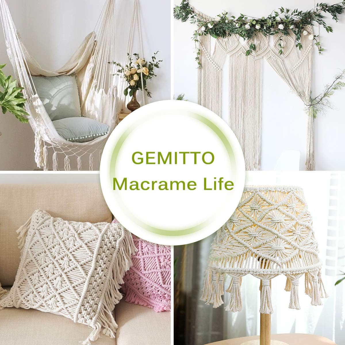 GEMITTO Macrame Cord 5mm 98YD 8-Strands Natural Macrame Rope, Soft Cord Craft Knitting Braiding Thread, for Wall Hanging Tapestry Decor, Plant Flower Pot Hangers (8 Strands, Beige (Round))