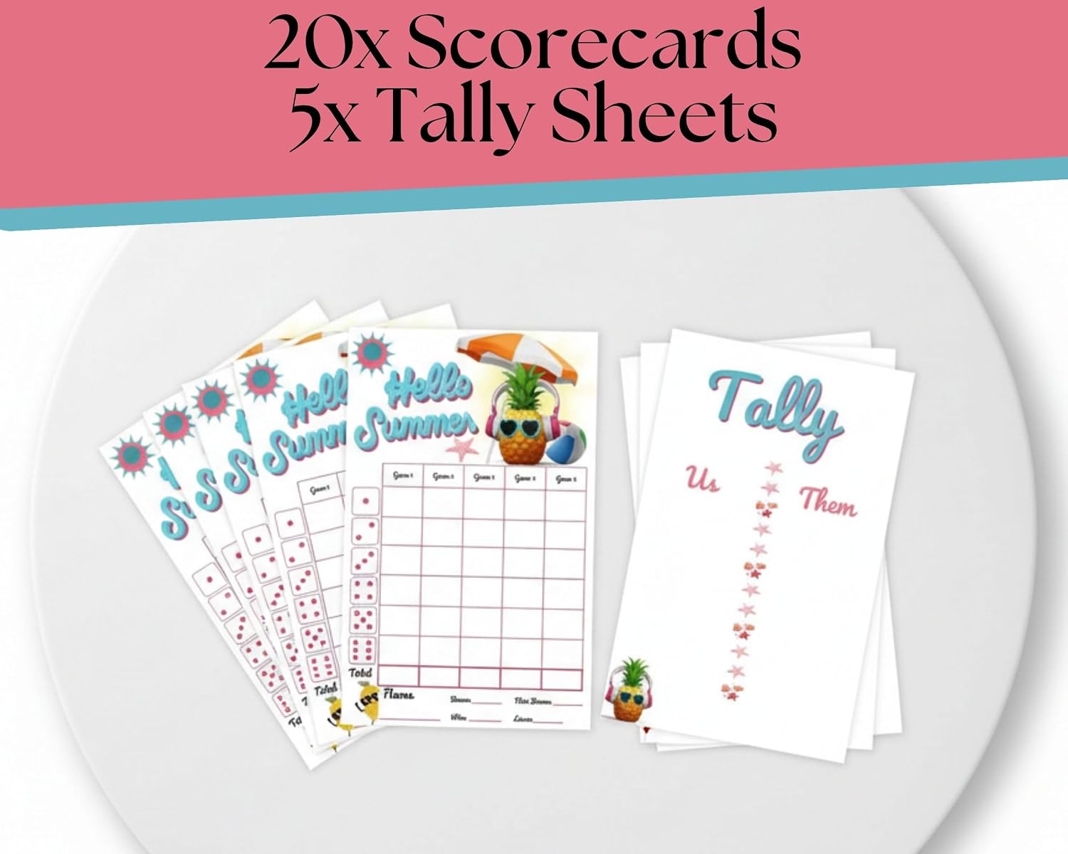 Summer Bunco Game Kit, Scorecards, Tally Sheets, Table Cards and Ghost Player Card, Pool Party Game for Adults, Beach House Girls Night Supplies