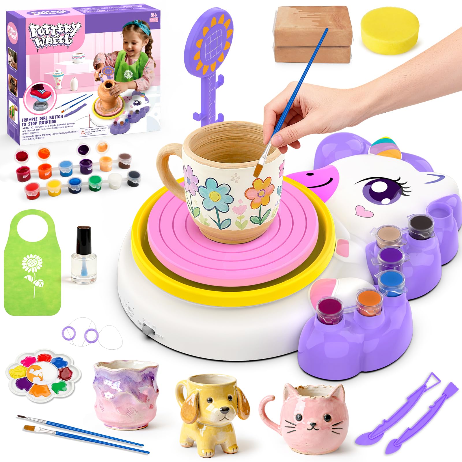 Tour de Poterie Enfant, DIY Pottery Kit avec Argile Autodurcissante, Jeu Creatif Art et Peinture Activite Manuelle, Loisir Créatif Licorne Jouet, Idée Anniversaire Cadeau Fille 3 4 5 6 7 8 9 10 Ans