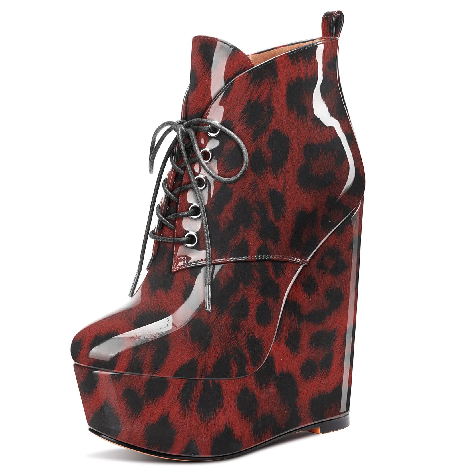 Aachcol Women Platform Ankle Boots Short Bootie Lace-up Close Round Toe Wedge High Heel Dress Shoes Patent 6