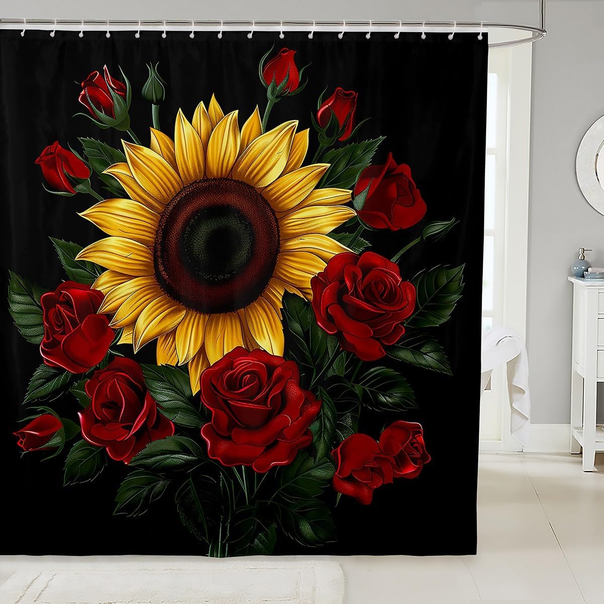 Manfei Yellow Sunflower Shower Curtains Red Roses Bathroom Curtains for Kids Girl Room Decor, Watercolor Floral Green Leaf Waterproof Bath Curtains with 12 Hooks Suits for Bathtub, 72" W x 78" L