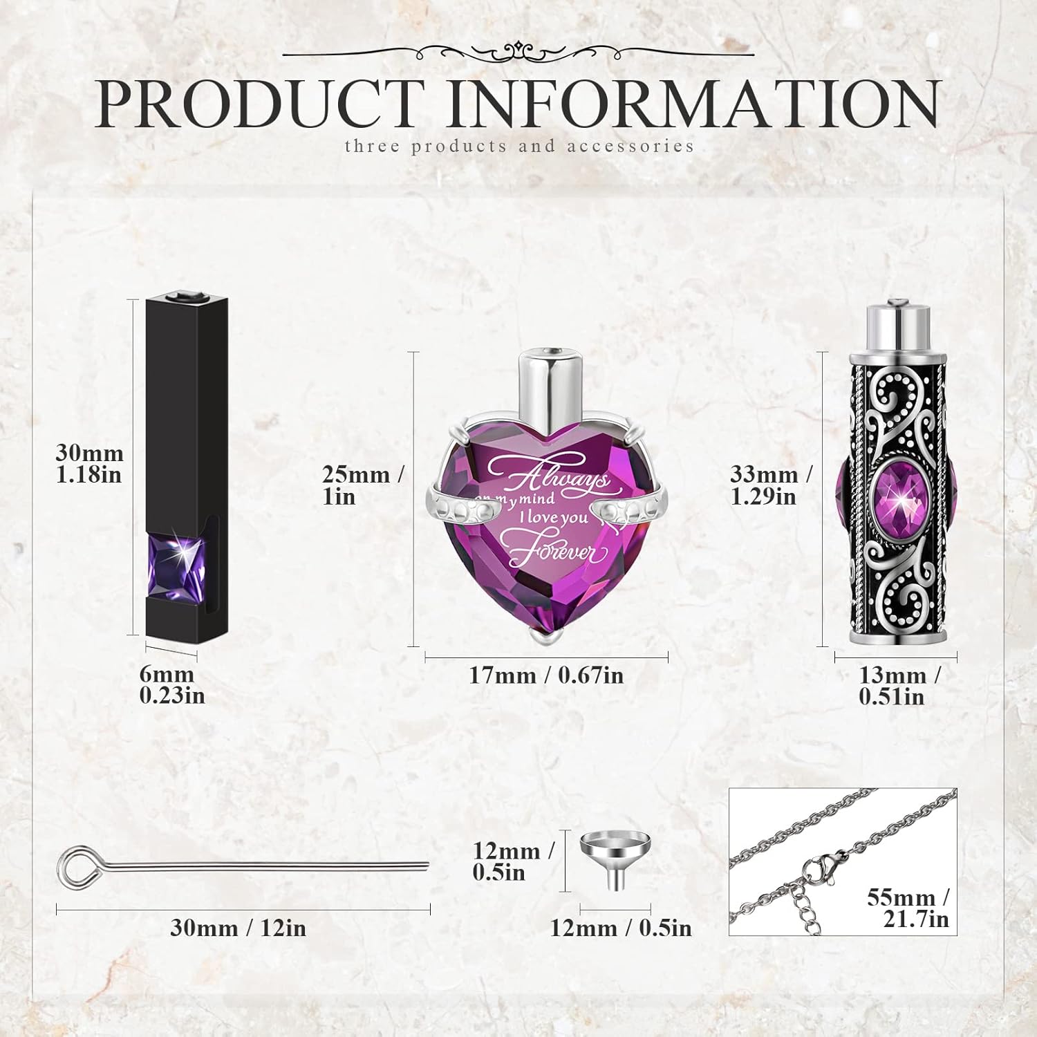 MTLEE 3 Pieces Cremation Urn Necklace for Ashes Vertical Bar Zircon, Heart Crystal Necklace Urn Stainless Steel Waterproof Memorial Pendant - Image 2