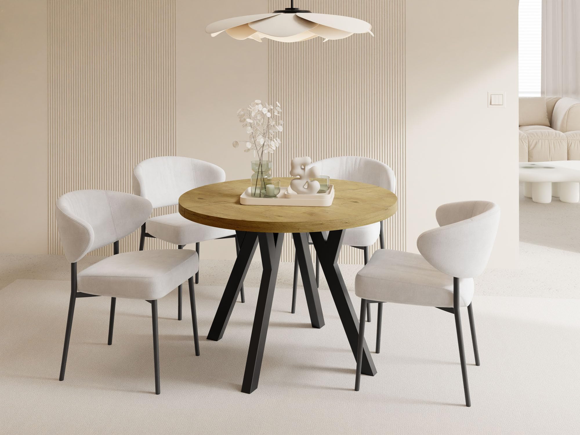 WFL GROUP Table à Manger Ronde Extensible XXL Style Loft – 100 à 250 Cm – Grande Table avec Pieds en Bois Noir – Table Extra Longue pour 5 à 14 Personnes – Industriel – Chêne Marron Clair